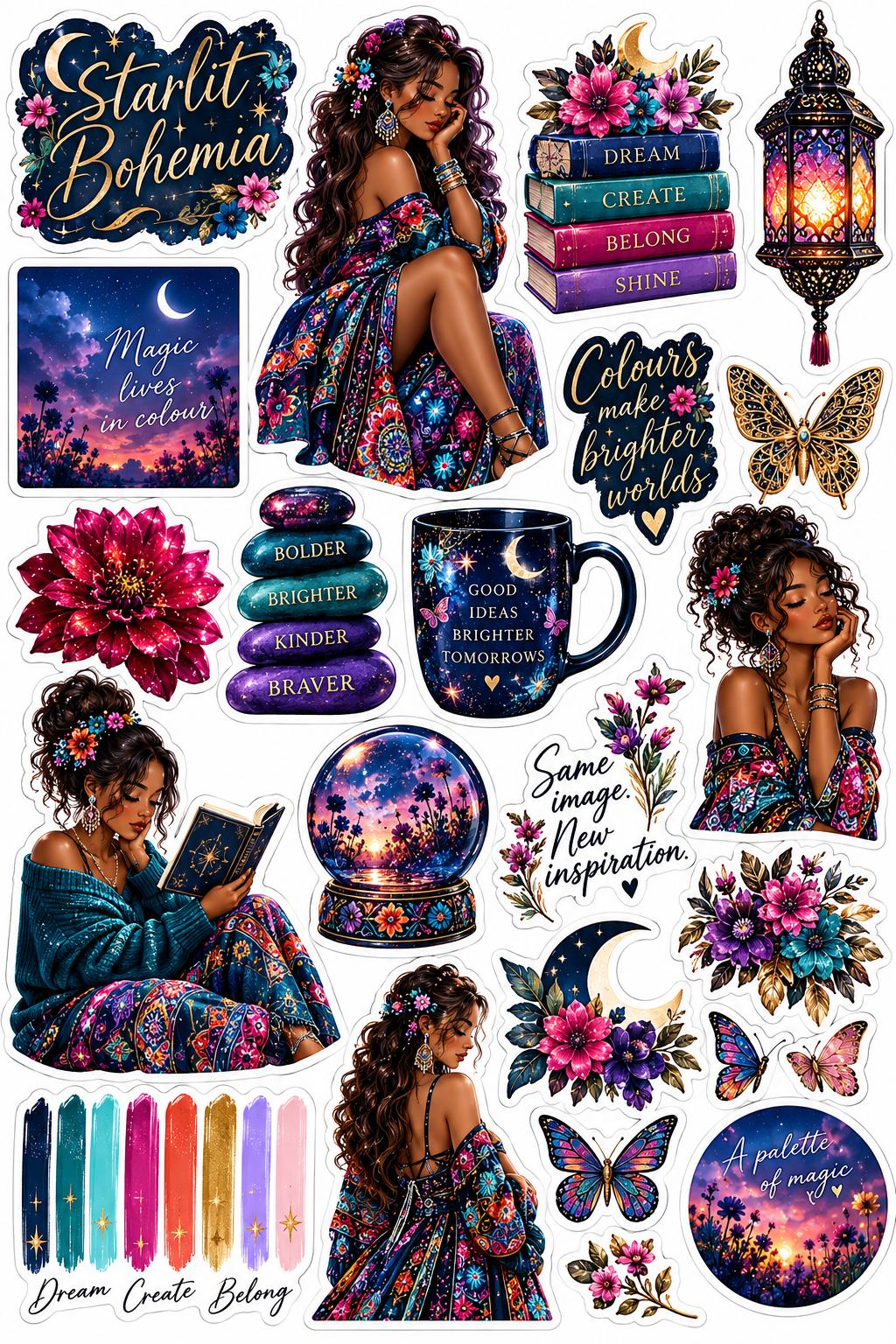 Starlit Bohemia – Celestial Journal Sticker Sheet — original artwork printed sticker sheet