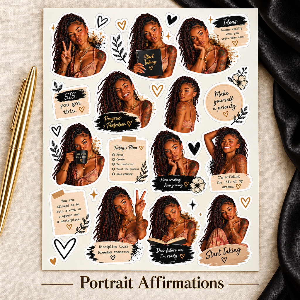 Portrait Affirmations labelled sticker sheet on cream linen with black satin and a gold pen