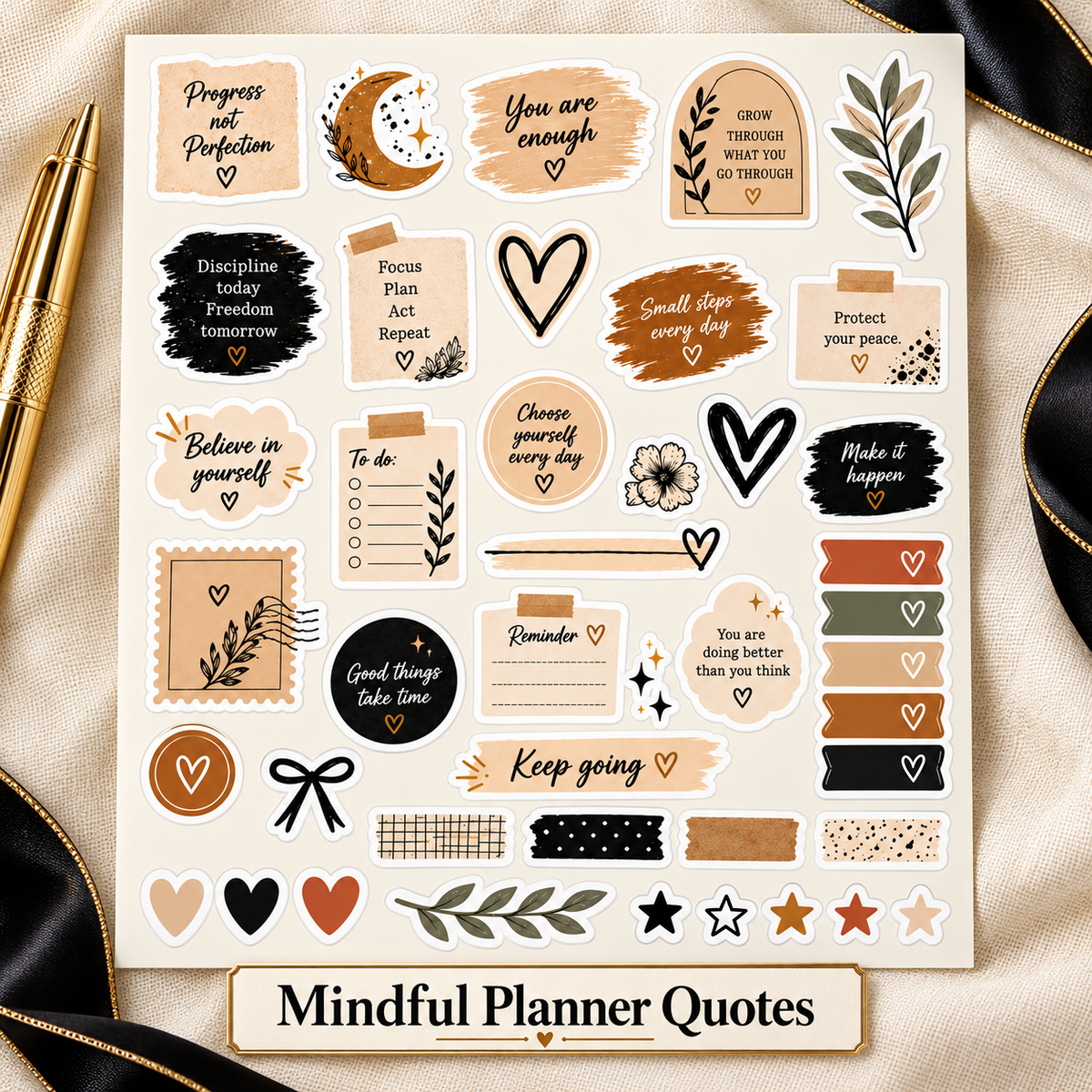 Mindful Planner Quotes labelled sticker sheet on cream linen with black satin and a gold pen