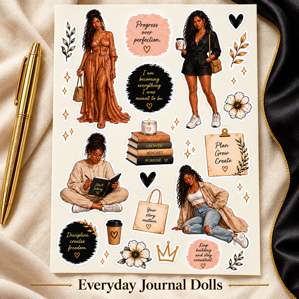 Everyday Journal Dolls labelled sticker sheet on cream linen with black satin and a gold pen