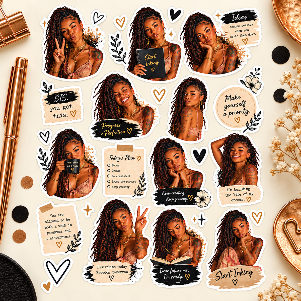 Start Inking close-up sticker product photograph in cream, black and terracotta