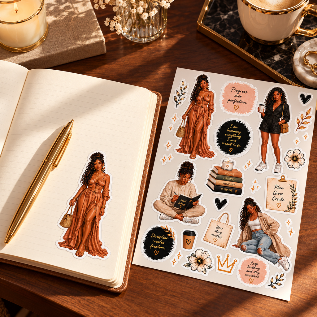 Start Inking journal lifestyle sticker product photograph in cream, black and terracotta
