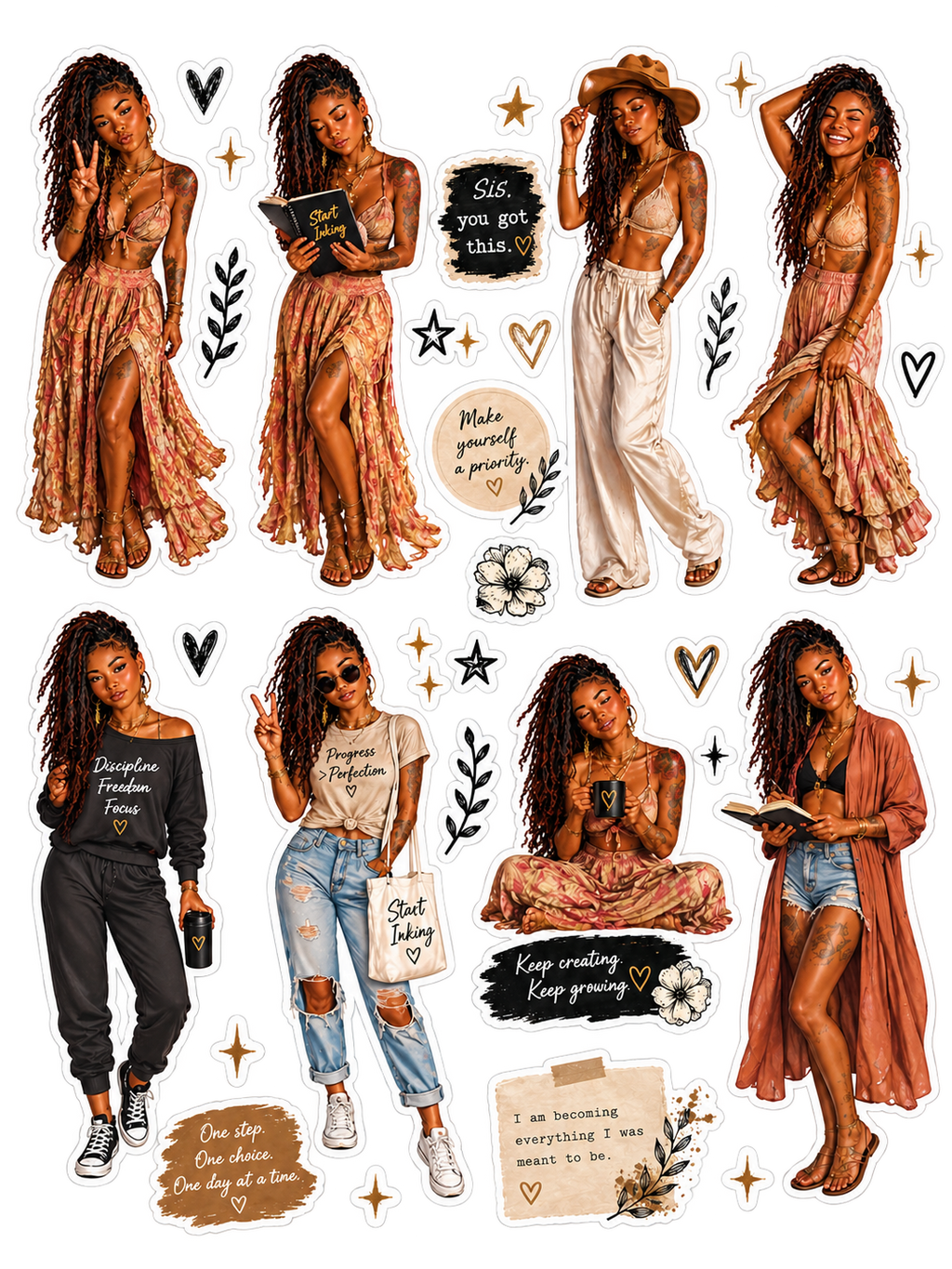 Boho Journal Dolls original sticker artwork in cream, black and terracotta