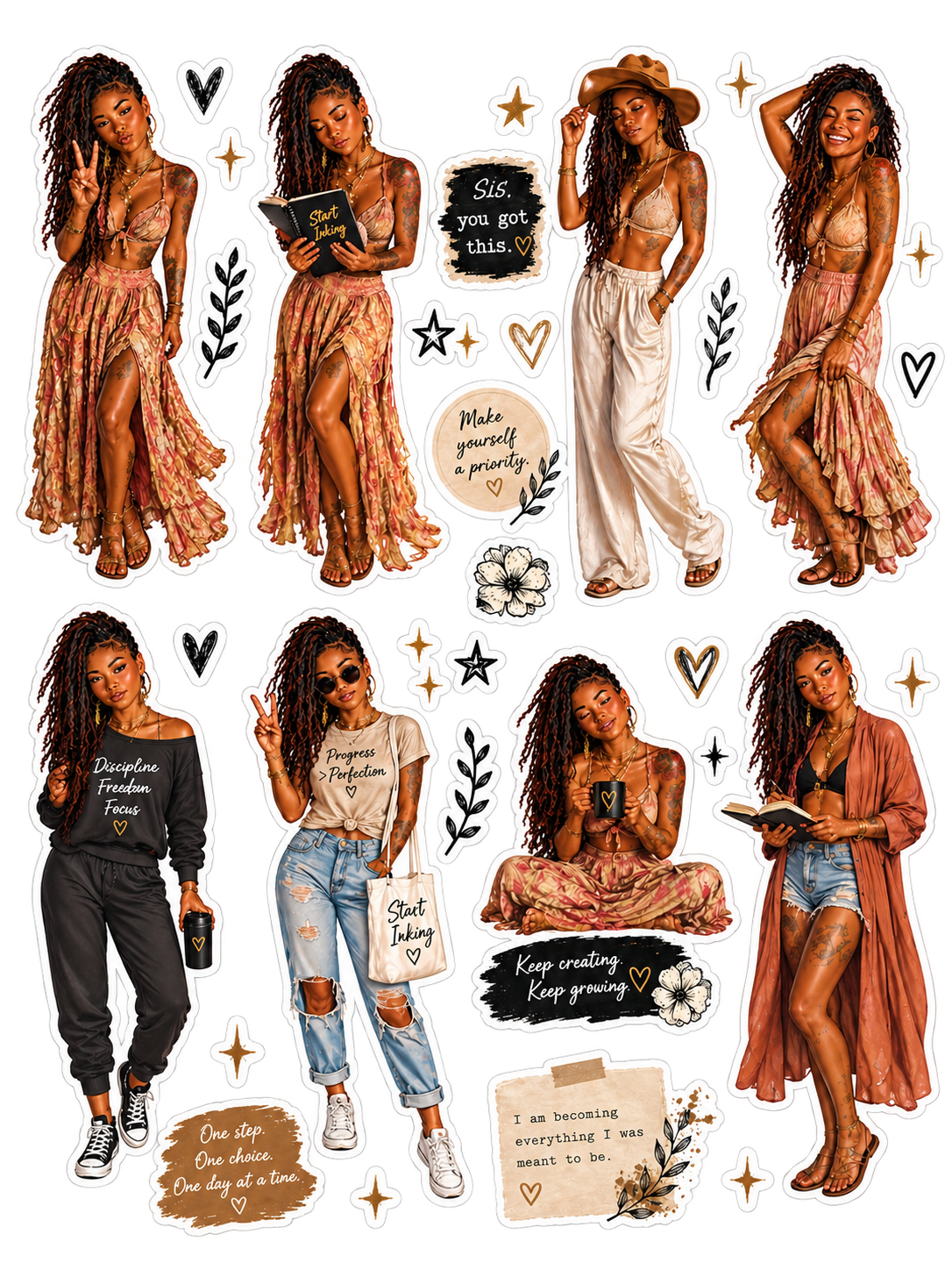 Boho Journal Dolls original sticker artwork in cream, black and terracotta