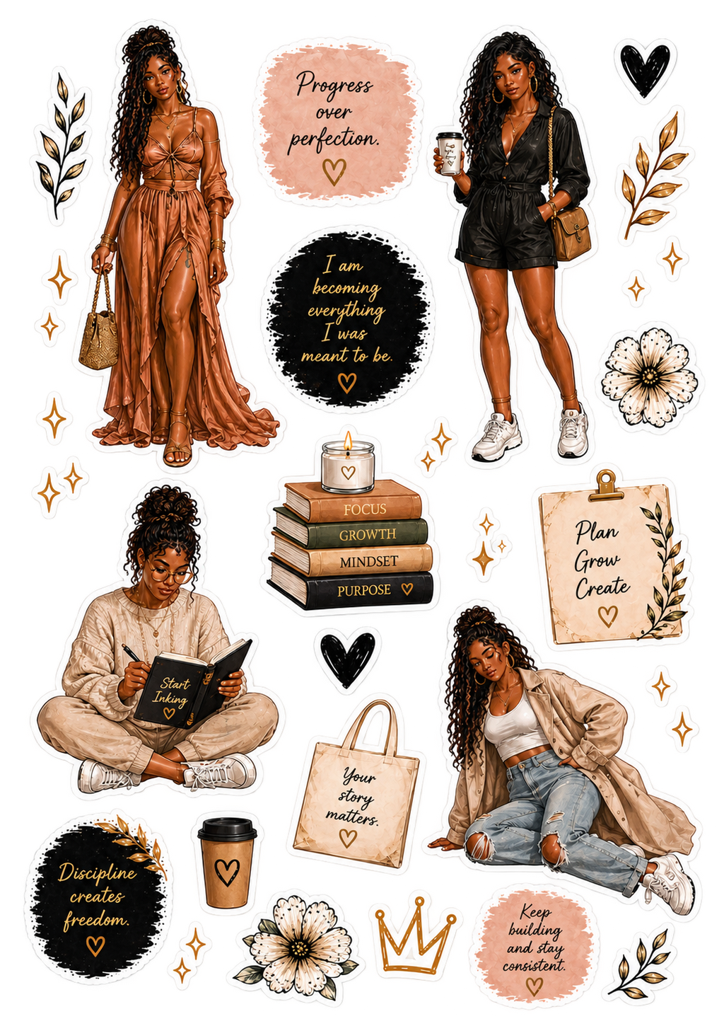 Everyday Journal Dolls original sticker artwork in cream, black and terracotta