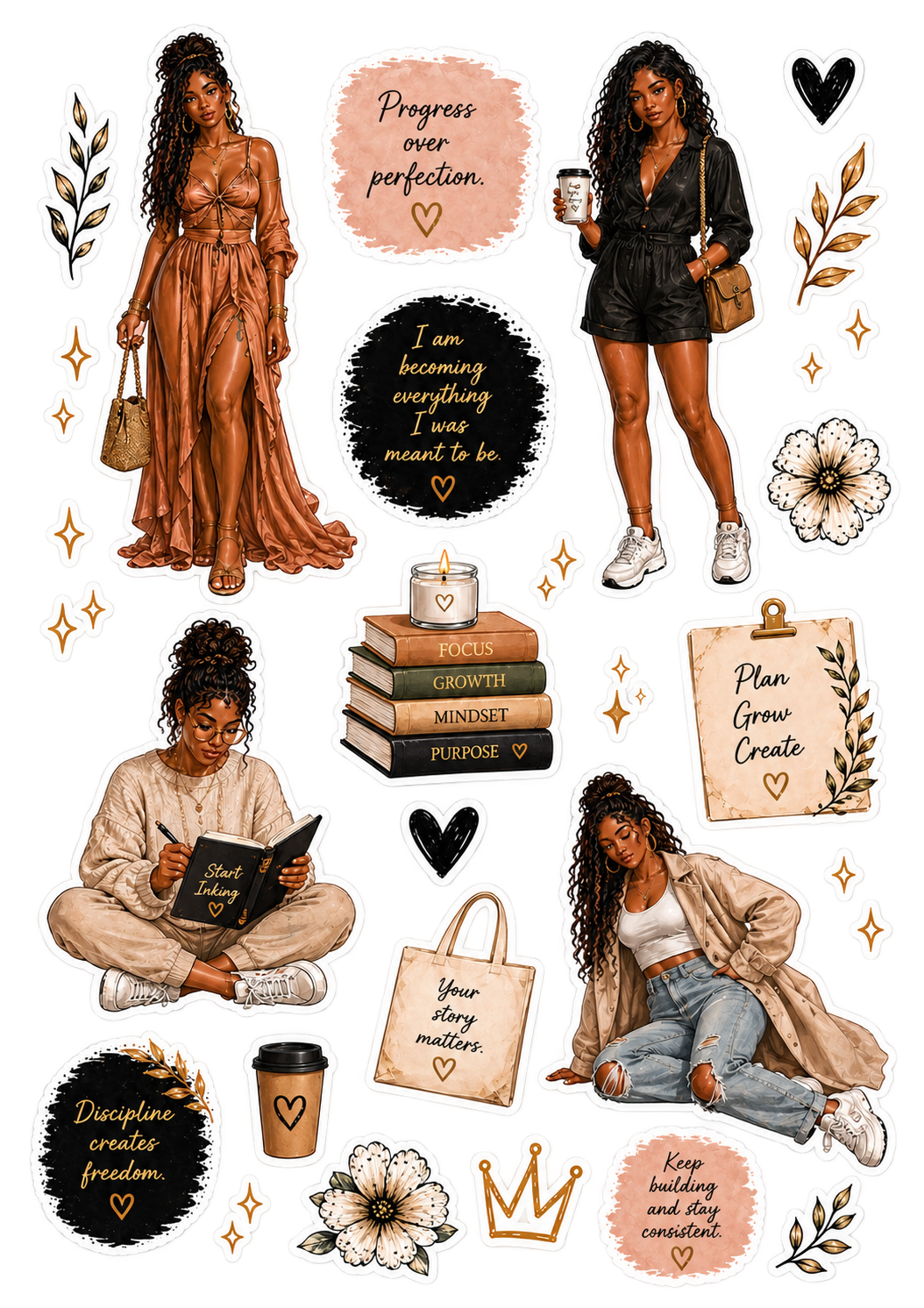 Everyday Journal Dolls original sticker artwork in cream, black and terracotta