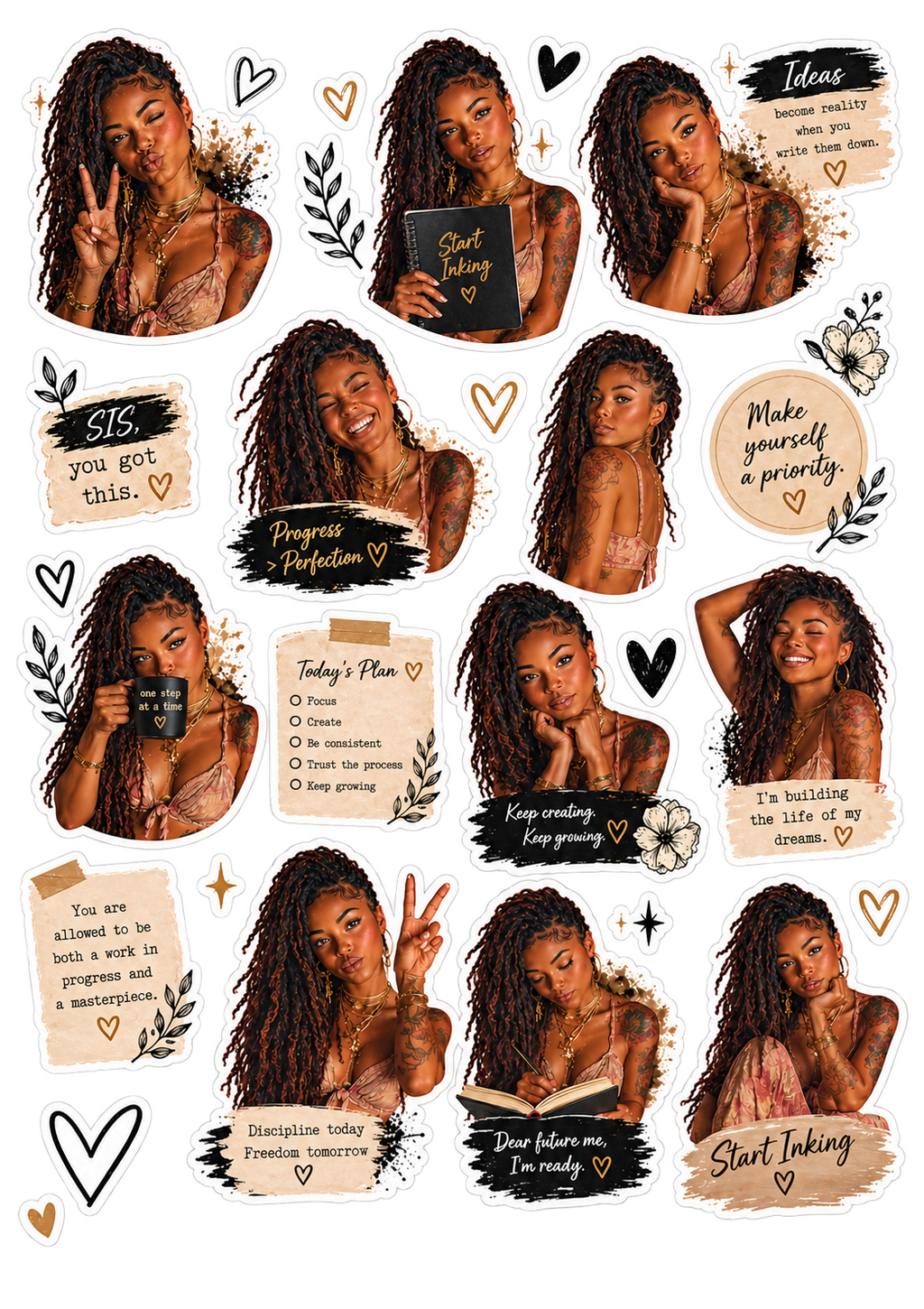 Portrait Affirmations original sticker artwork in cream, black and terracotta