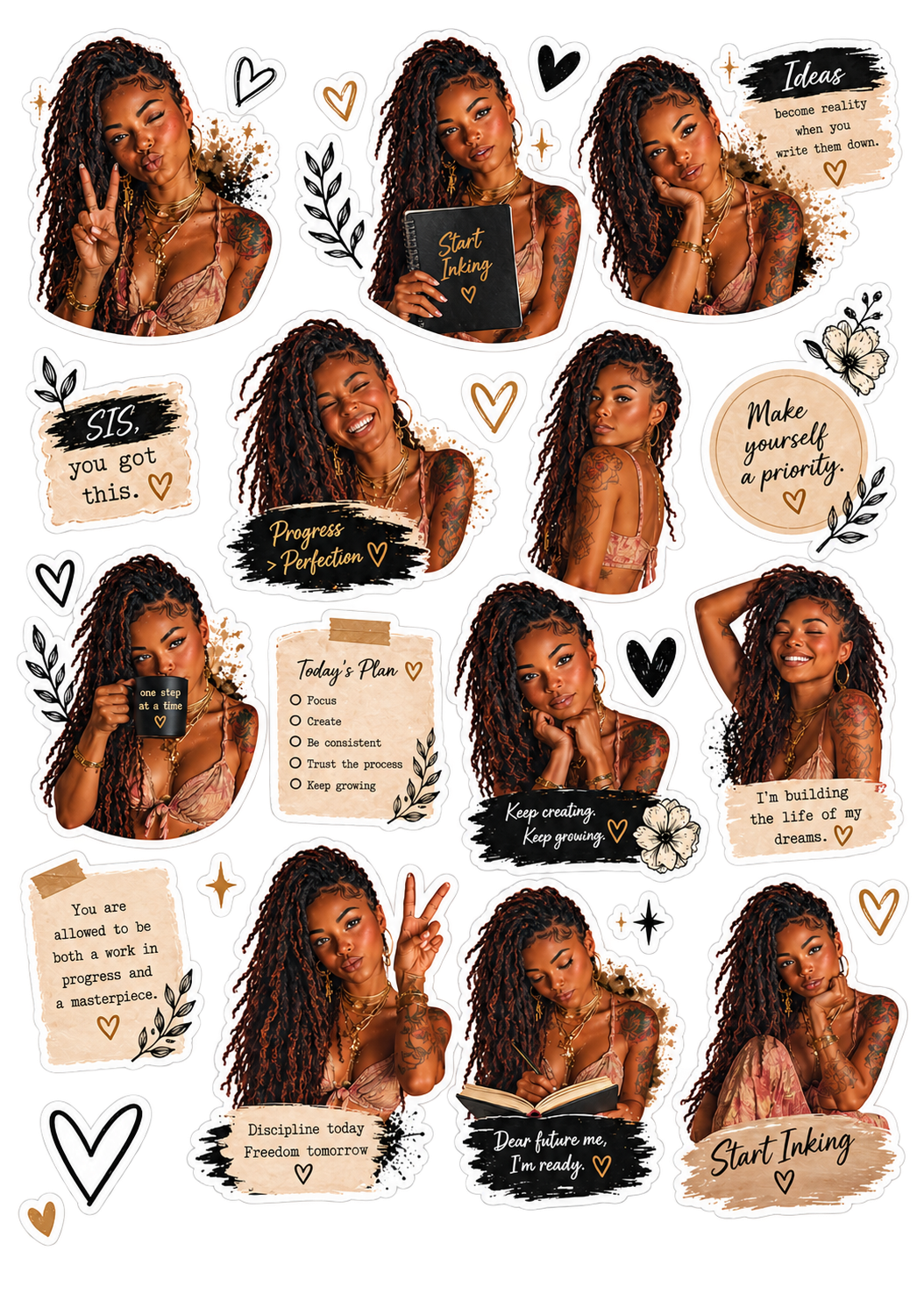 Portrait Affirmations original sticker artwork in cream, black and terracotta