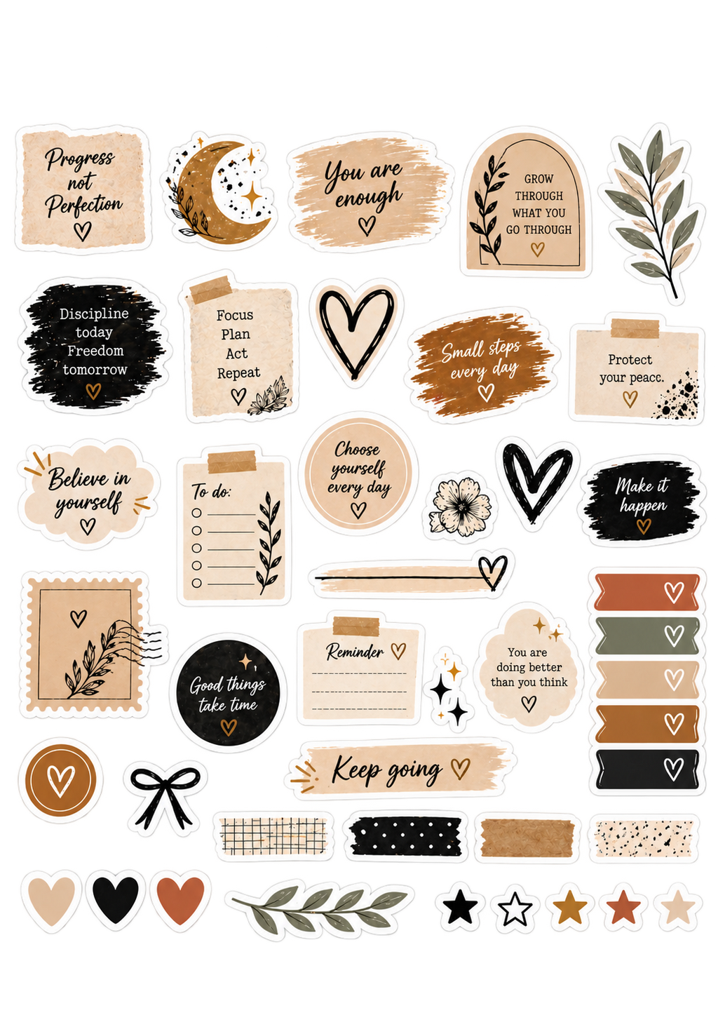Mindful Planner Quotes original sticker artwork in cream, black and terracotta