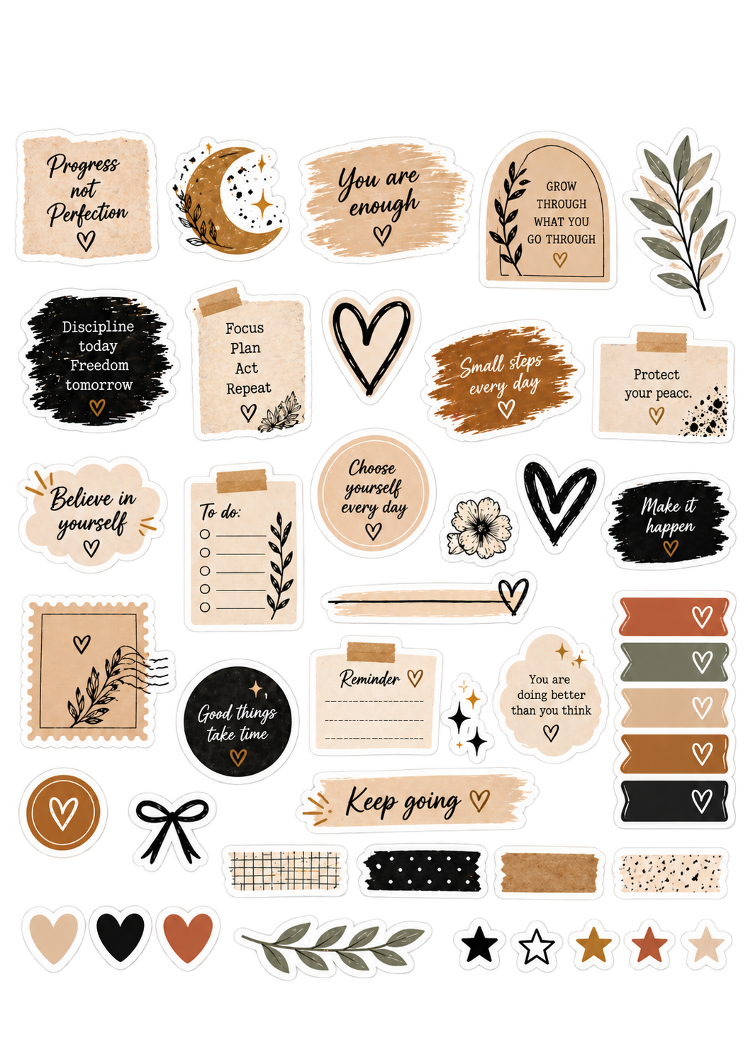 Mindful Planner Quotes original sticker artwork in cream, black and terracotta