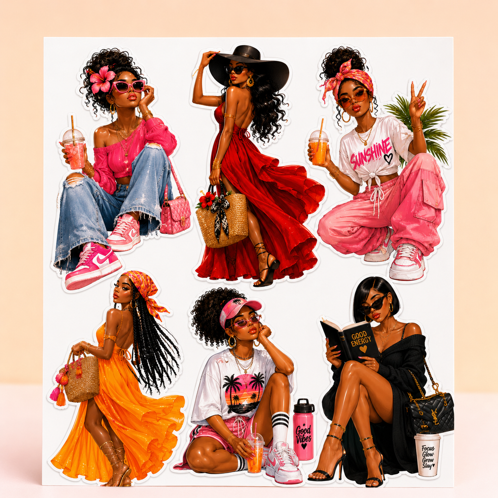 Front-facing close-up of the Summer Glow fashion sticker sheet with six illustrated women