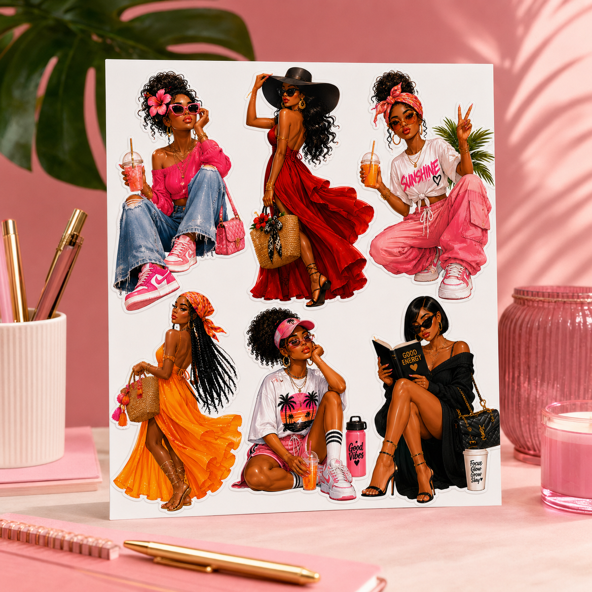 Summer Glow Black woman fashion sticker sheet styled on a premium pink stationery desk