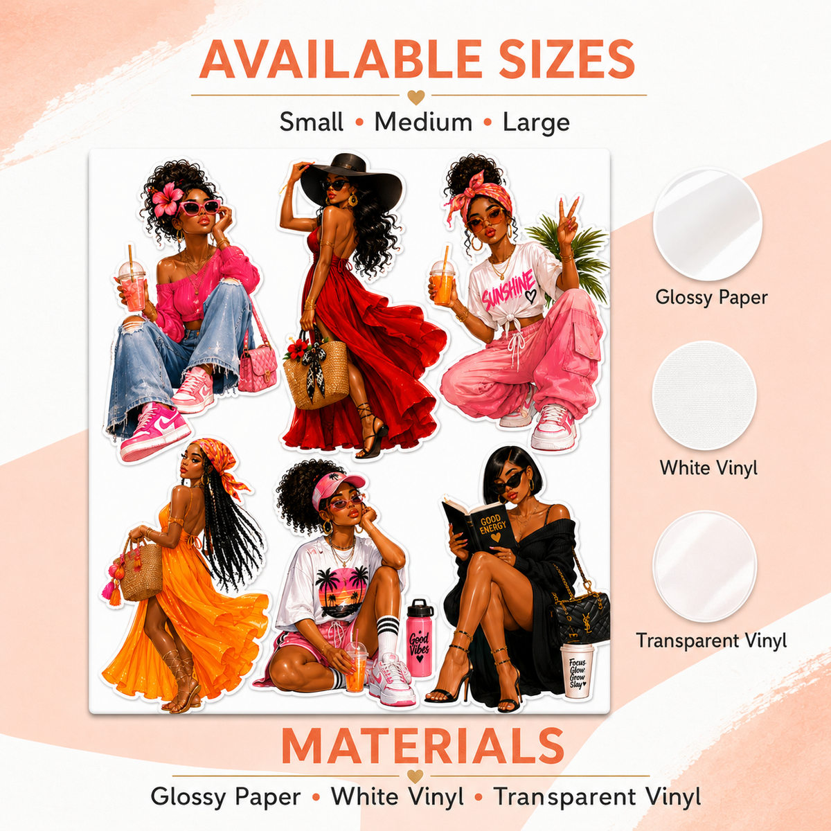 Summer Glow sticker sheet guide showing Small Medium Large and three material choices