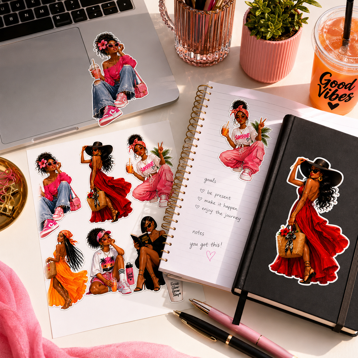 Summer Glow fashion stickers decorating a planner laptop and journal