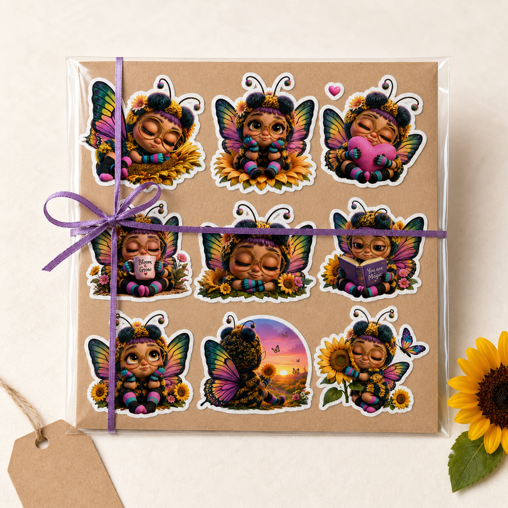 Nine sunflower bee fairy stickers presented in clear gift-ready packaging with kraft backing and purple ribbon.