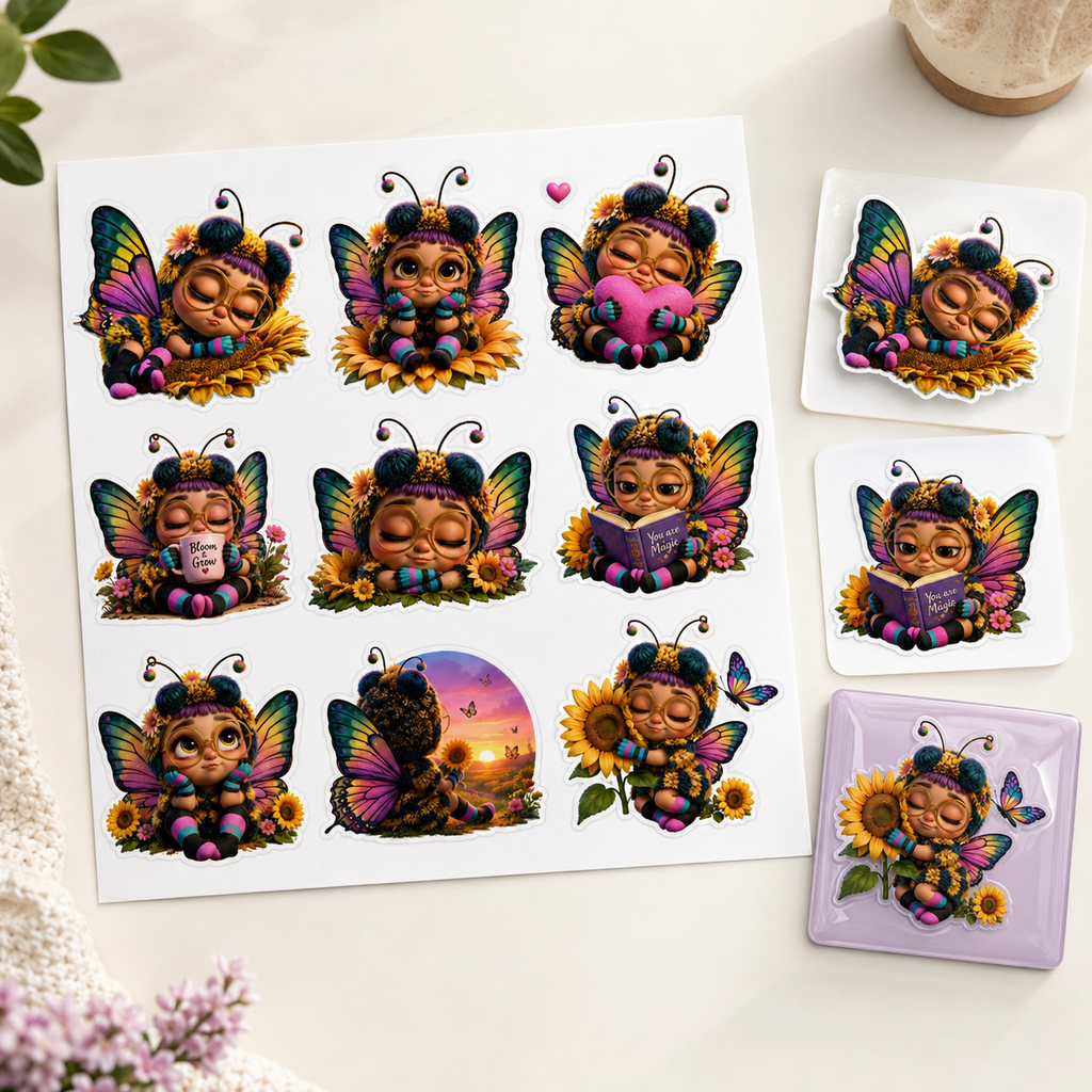 Bee fairy sticker sheet shown with samples on glossy paper, white vinyl and transparent vinyl surfaces.