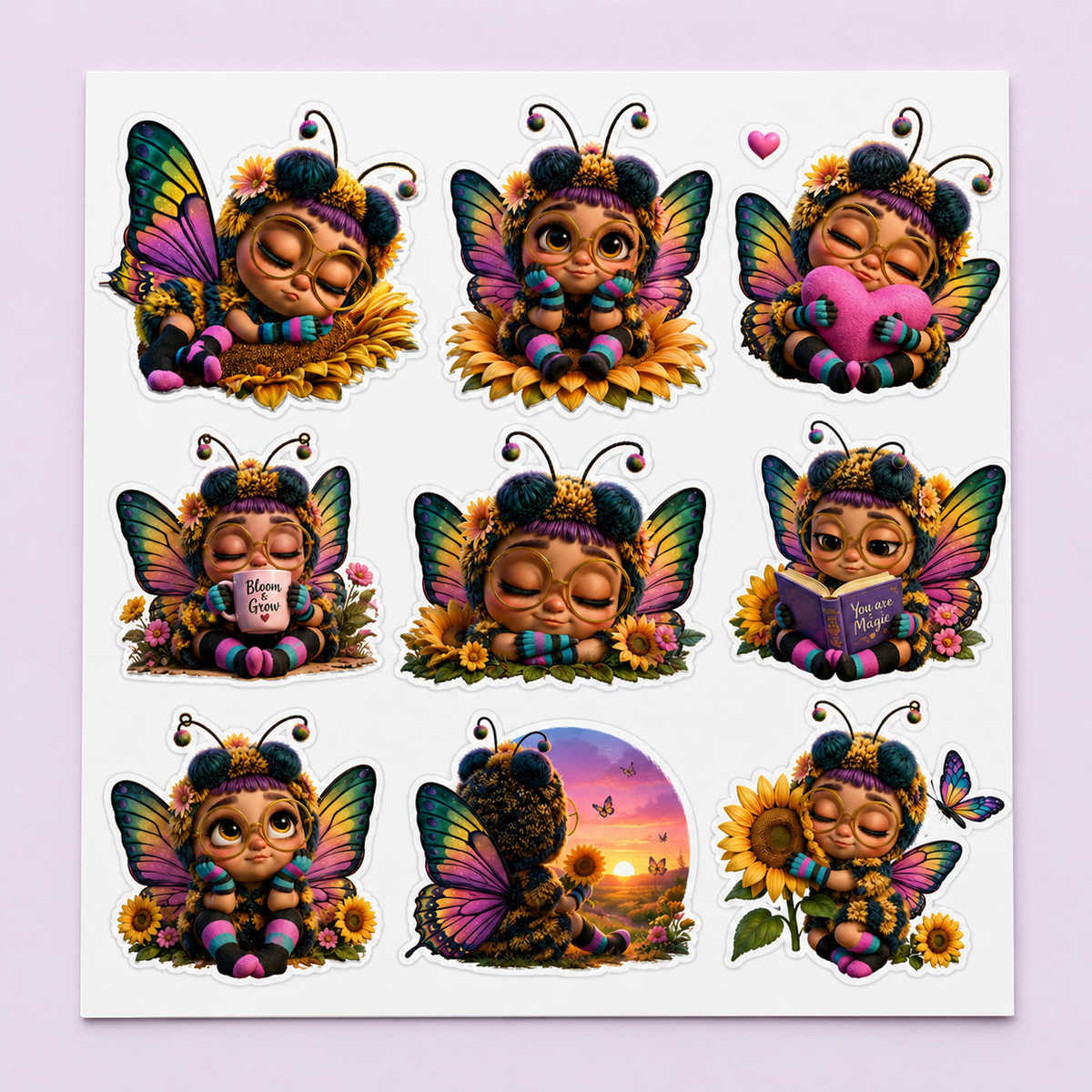 Front view of a sticker sheet with nine colourful bee fairy and sunflower designs.