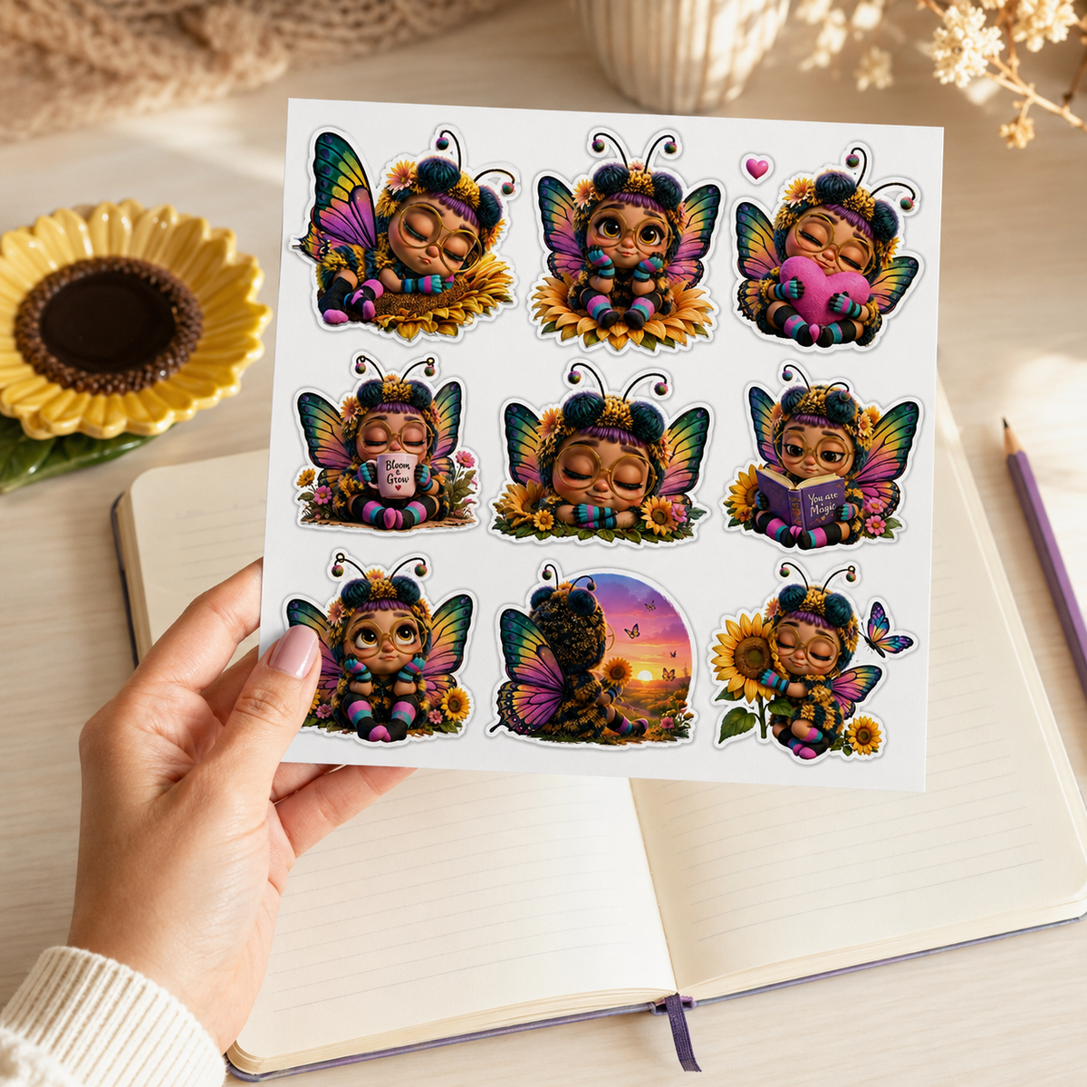 Hand holding the sunflower bee fairy sticker sheet above an open blank planner.