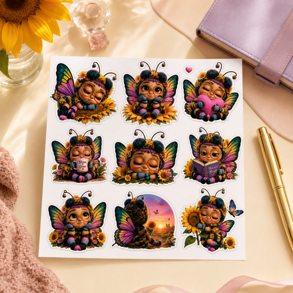 Sunflower bee fairy sticker sheet styled on a warm cream desk with a purple planner and gold pen.