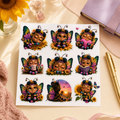 Sunflower bee fairy sticker sheet styled on a warm cream desk with a purple planner and gold pen.