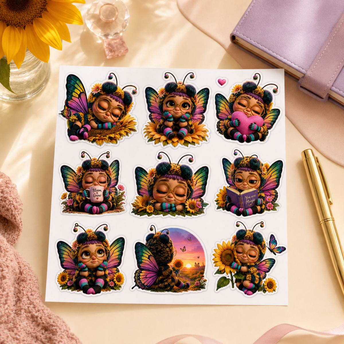 Sunflower bee fairy sticker sheet styled on a warm cream desk with a purple planner and gold pen.