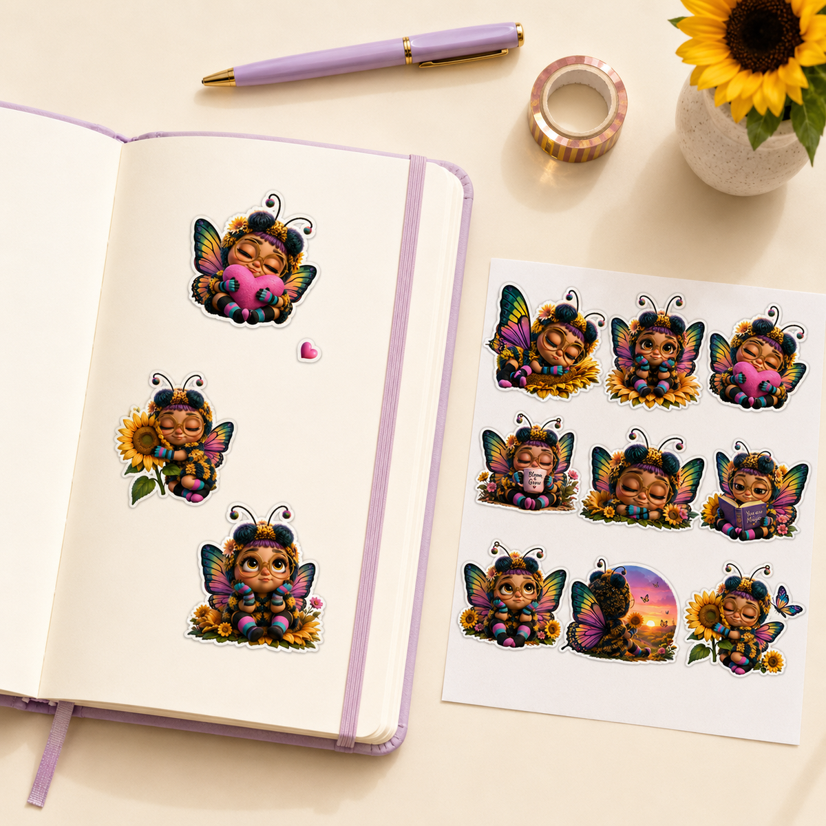 Colourful sunflower bee fairy stickers decorating a planner beside the complete sticker sheet.