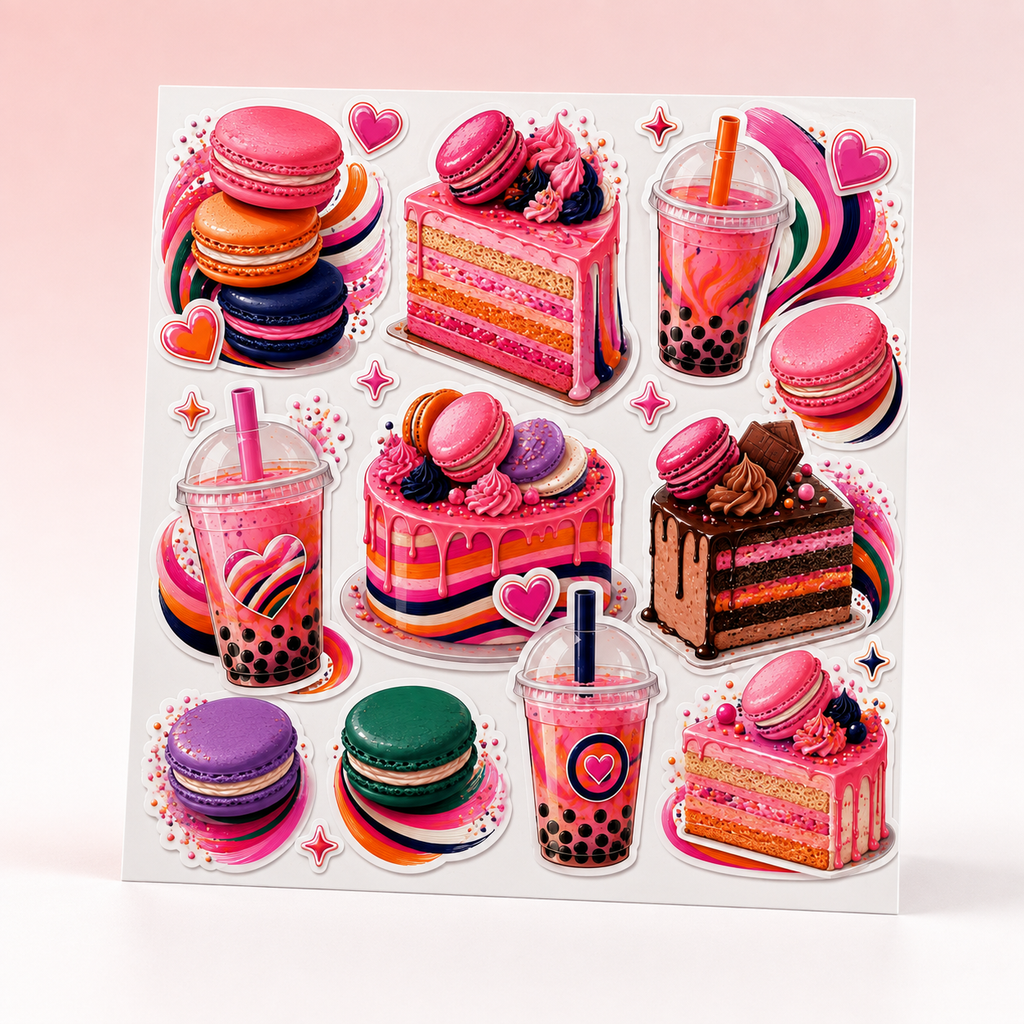 Close-up product mockup of the Sweet Treats and Boba sticker set