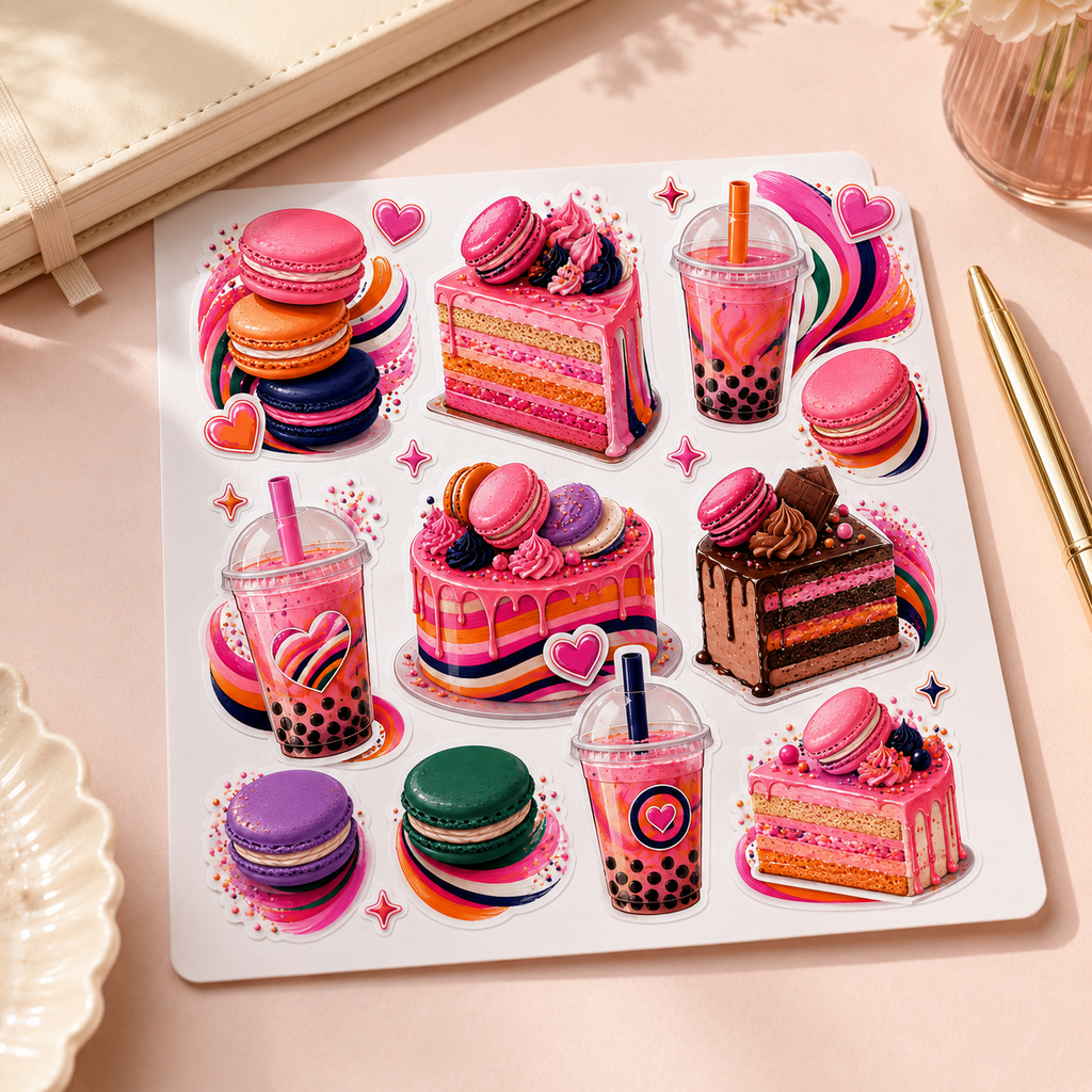 Sweet Treats and Boba sticker set on a blush stationery desk