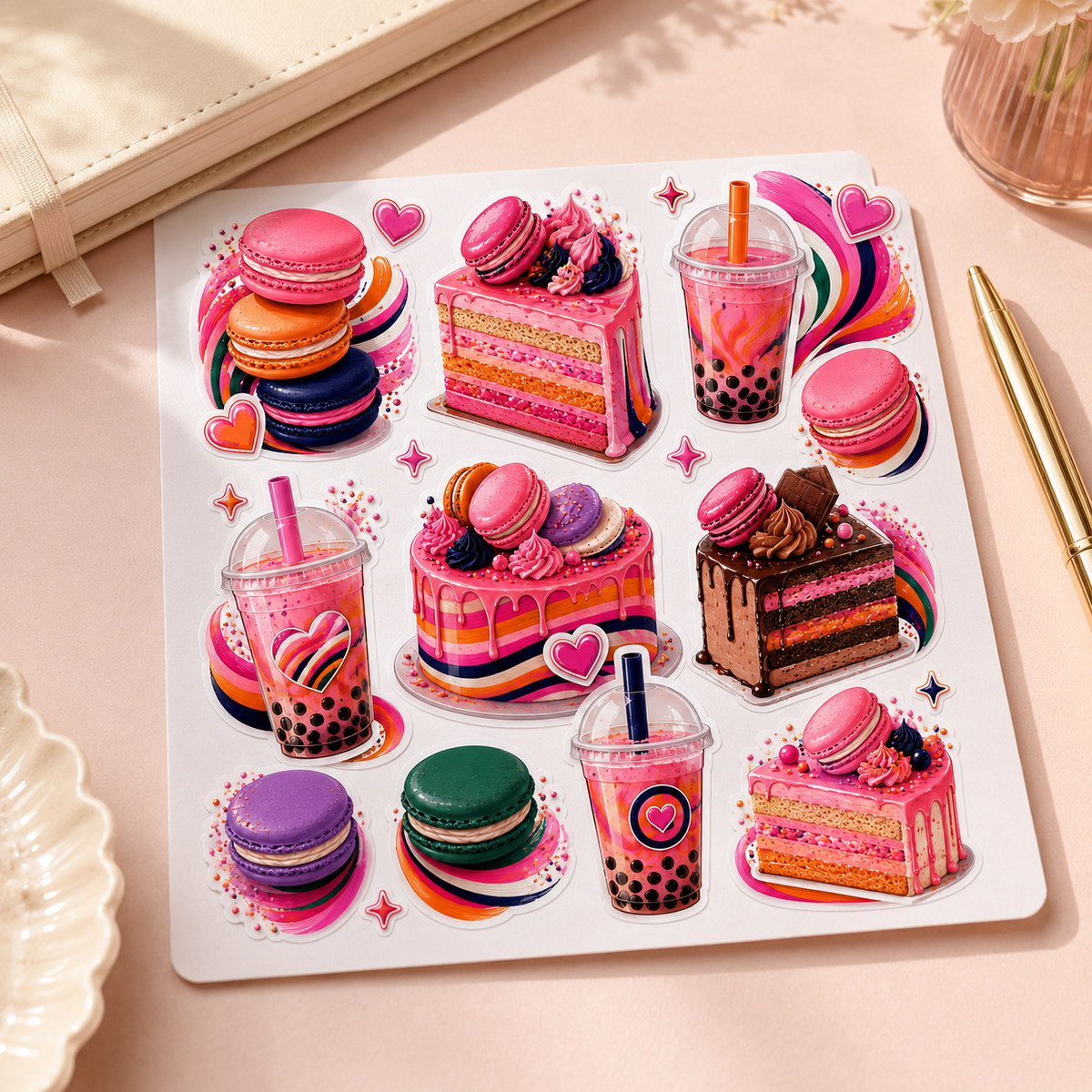 Sweet Treats and Boba sticker set on a blush stationery desk