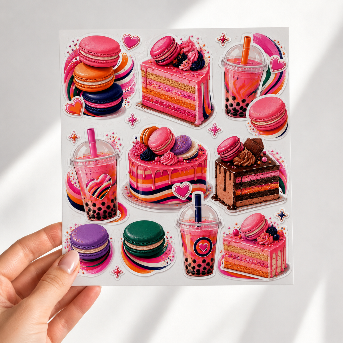Hand holding the Sweet Treats and Boba sticker sheet