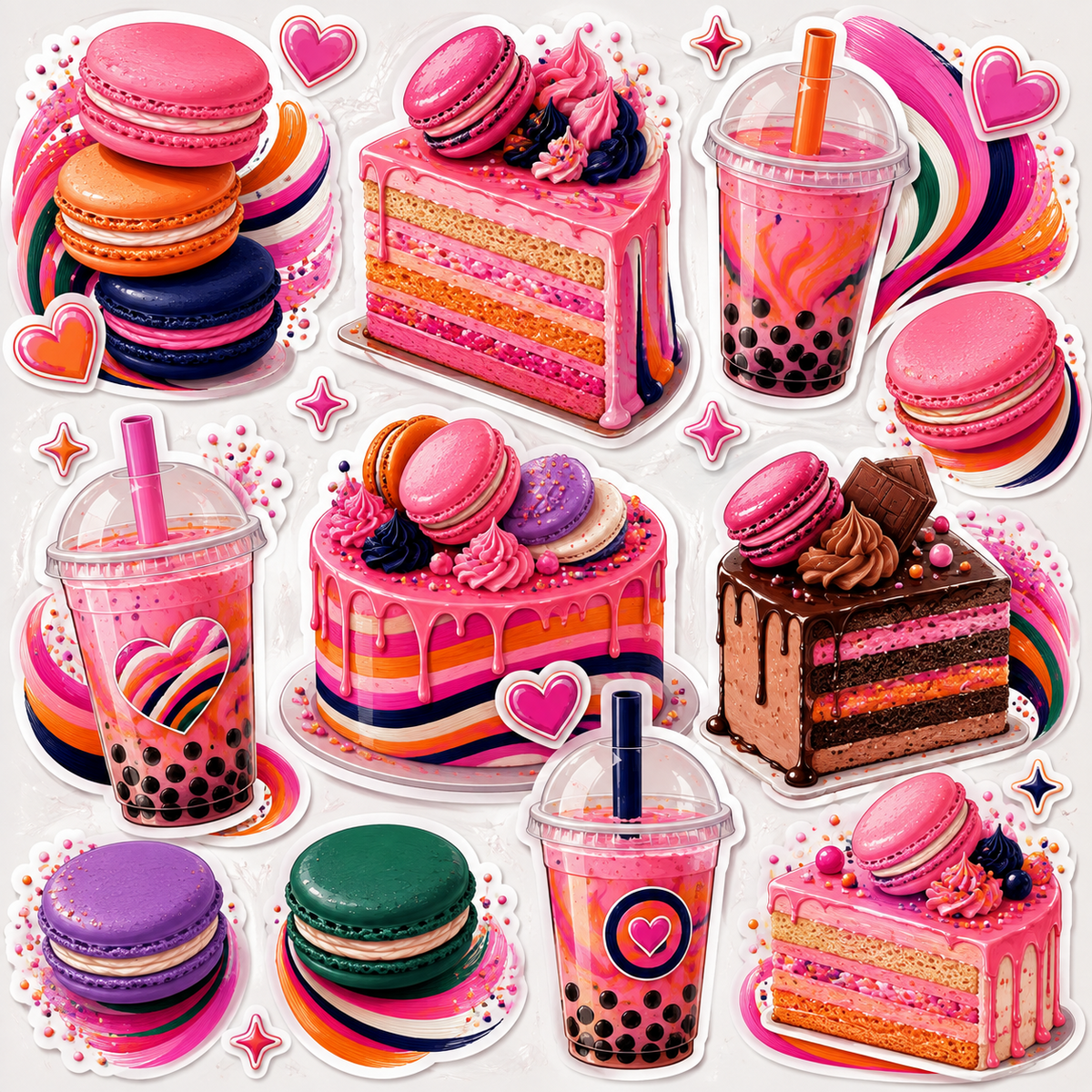 Original Sweet Treats and Boba sticker artwork with macarons cakes and bubble tea