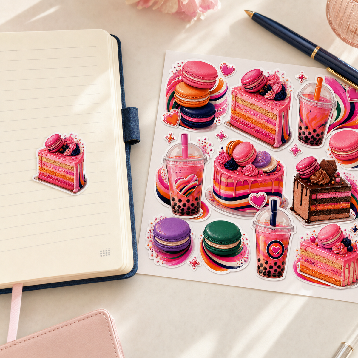 Sweet Treats and Boba sticker set beside a planner