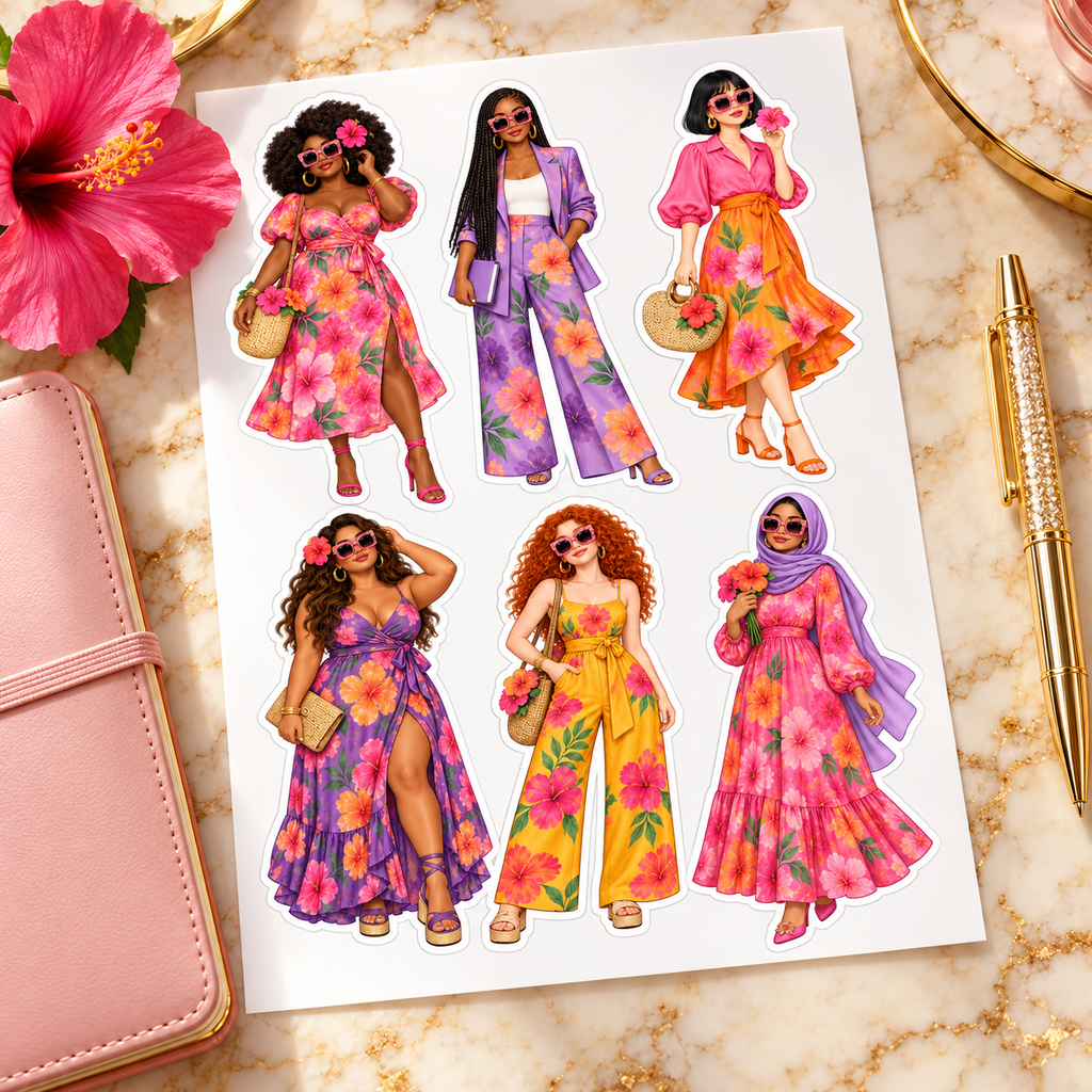 Tropical floral fashion sticker set on cream marble with pink journal and gold pen
