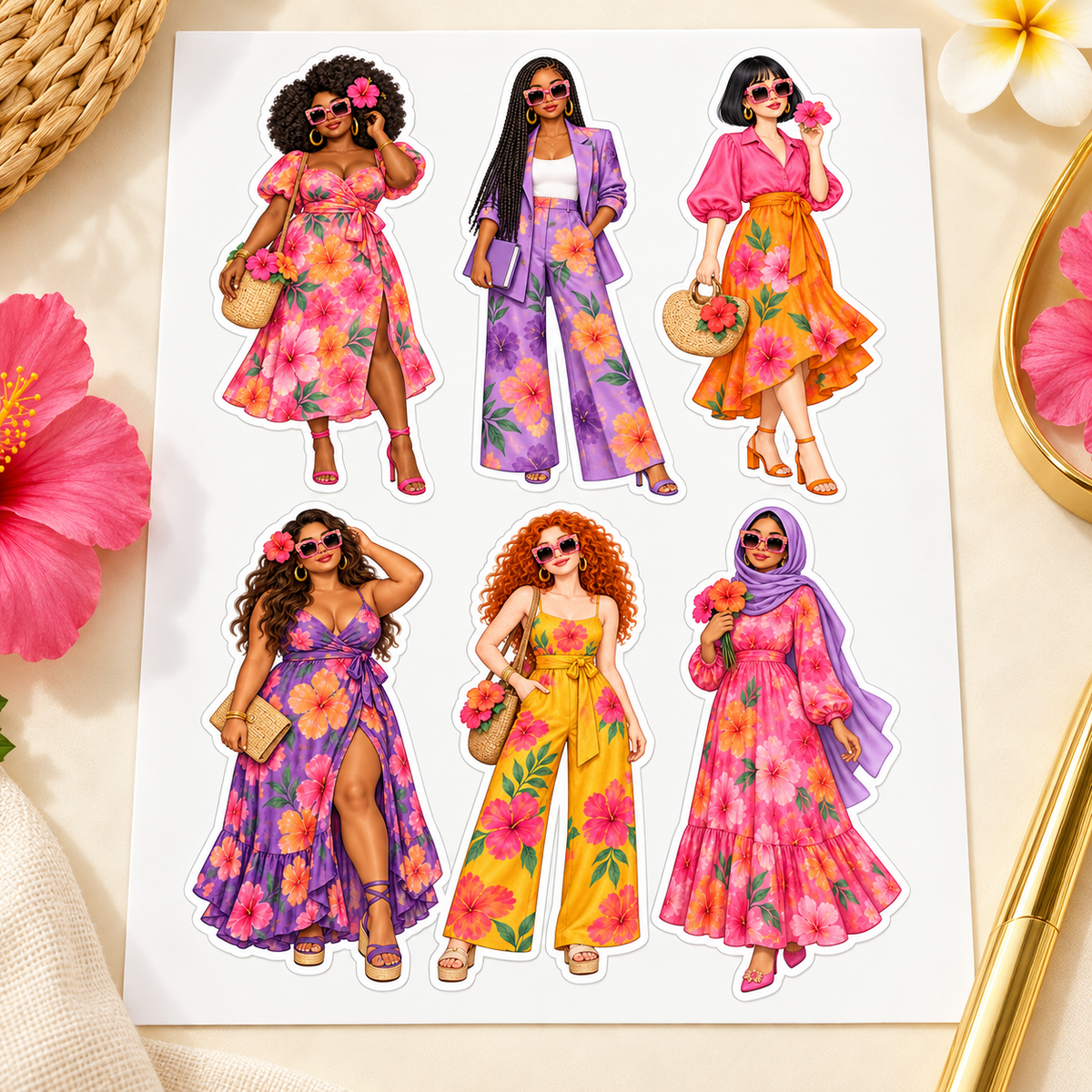 Complete six-woman tropical floral fashion sticker sheet on white paper