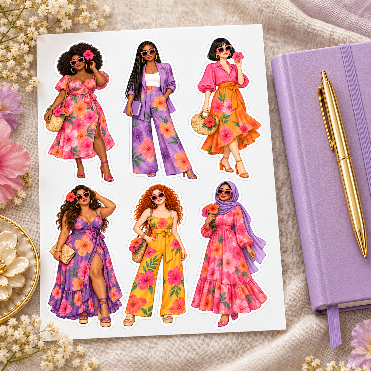 Tropical floral women sticker set beside a lavender journal and gold pen on linen