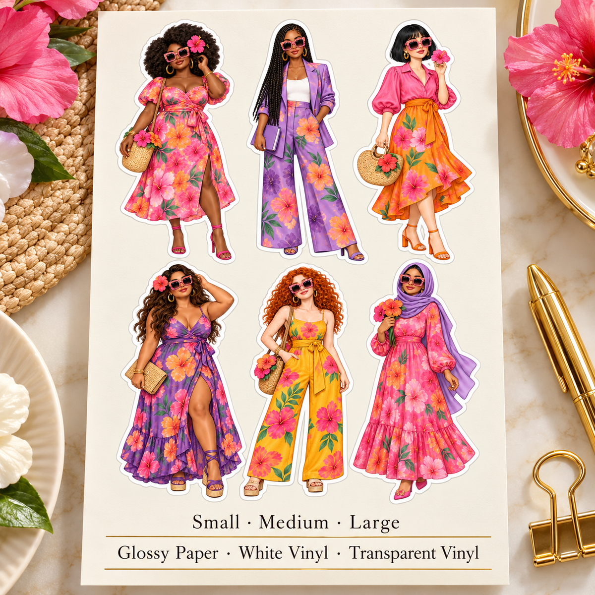Floral fashion sticker set size and material guide with Small, Medium, Large and three material choices