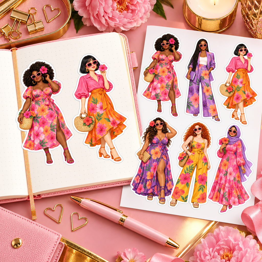 Tropical floral women stickers decorating an open journal on a pink and gold desk