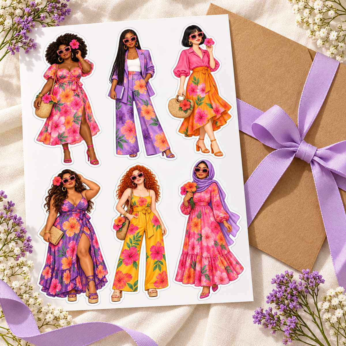 Floral fashion women sticker set styled with kraft sleeve and lavender ribbon; gifting props not included