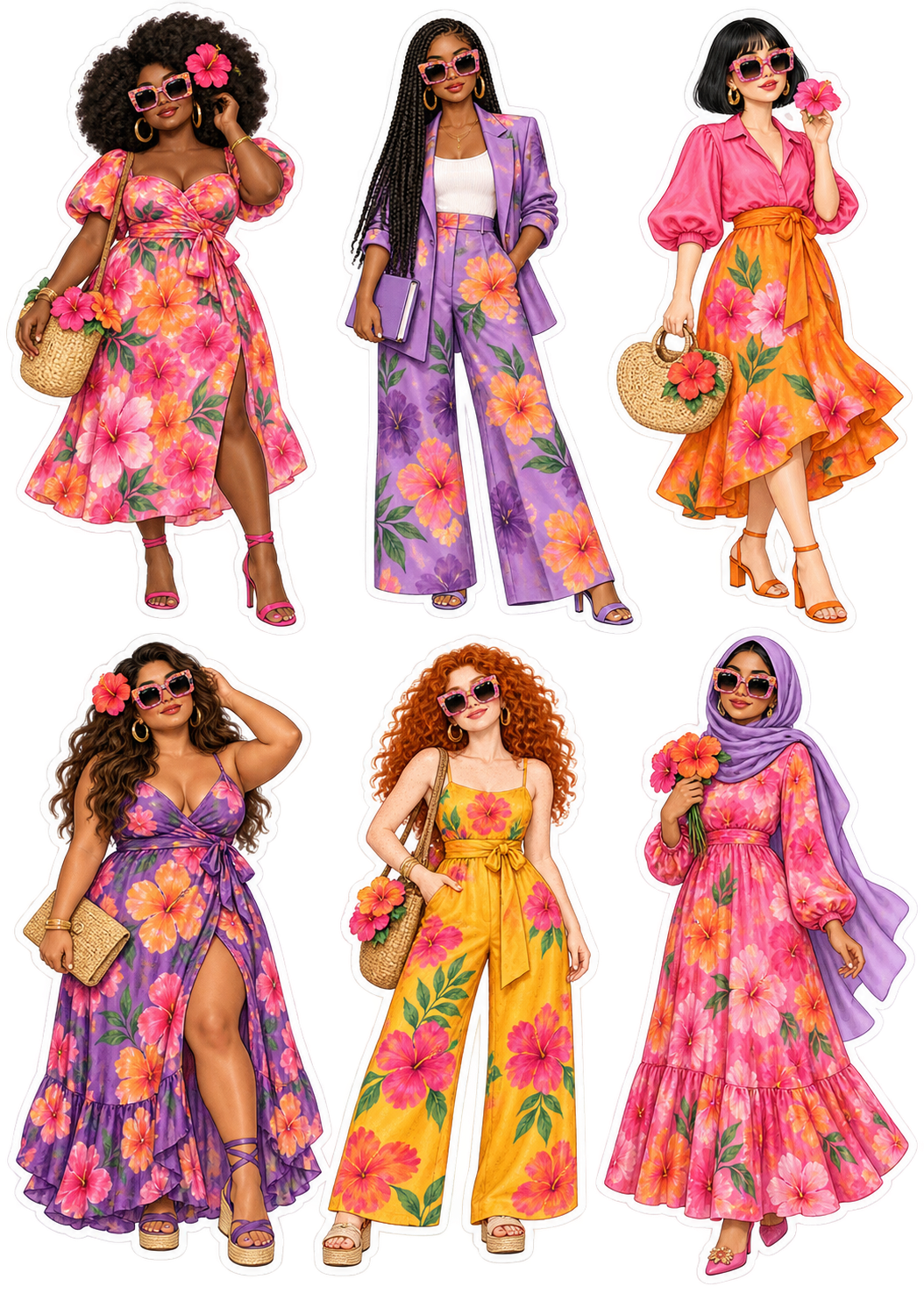 Six women in colourful hibiscus floral outfits, sunglasses and summer accessories, including a lavender hijab