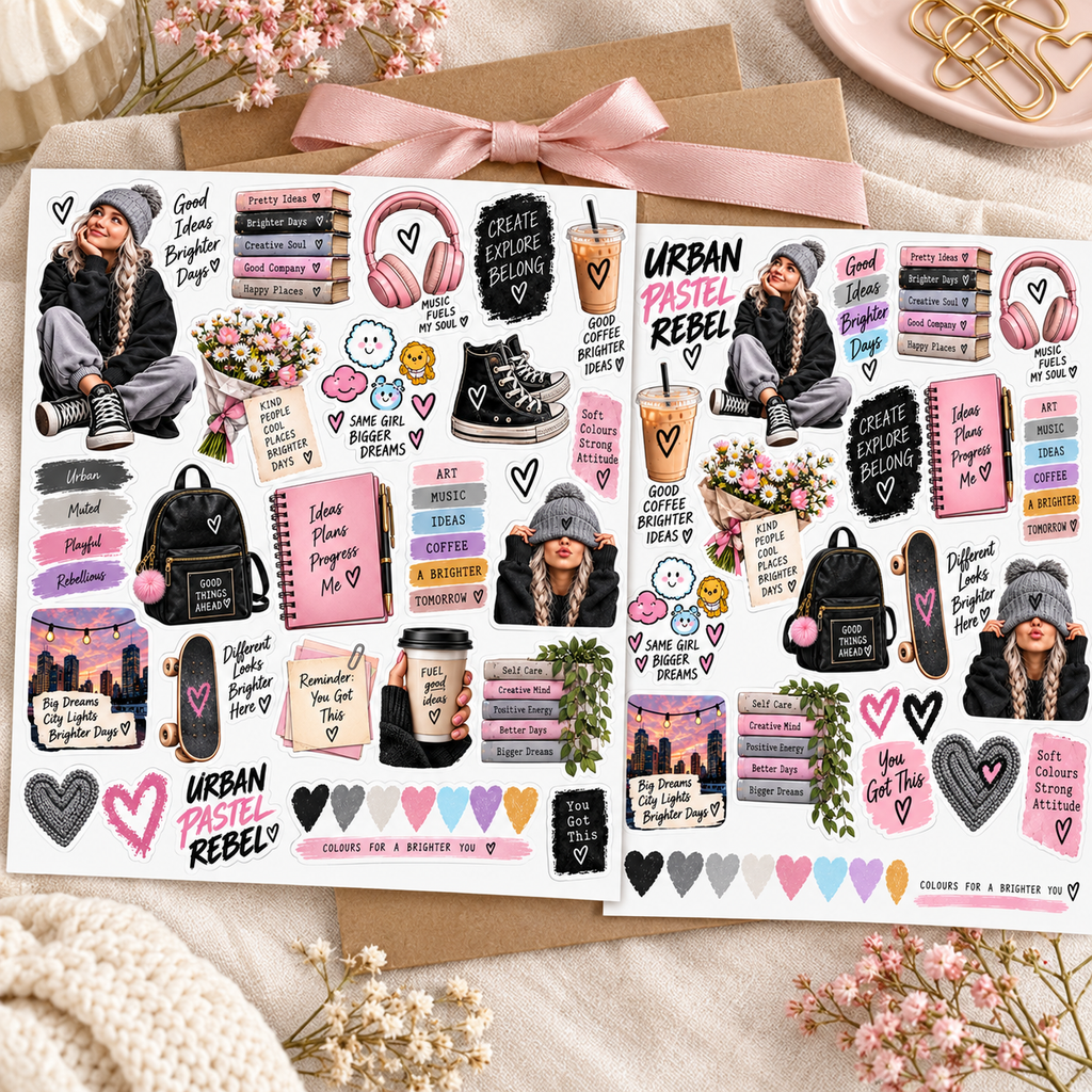 Urban Pastel Rebel two sticker sheets styled with kraft packaging and blush ribbon on cream linen