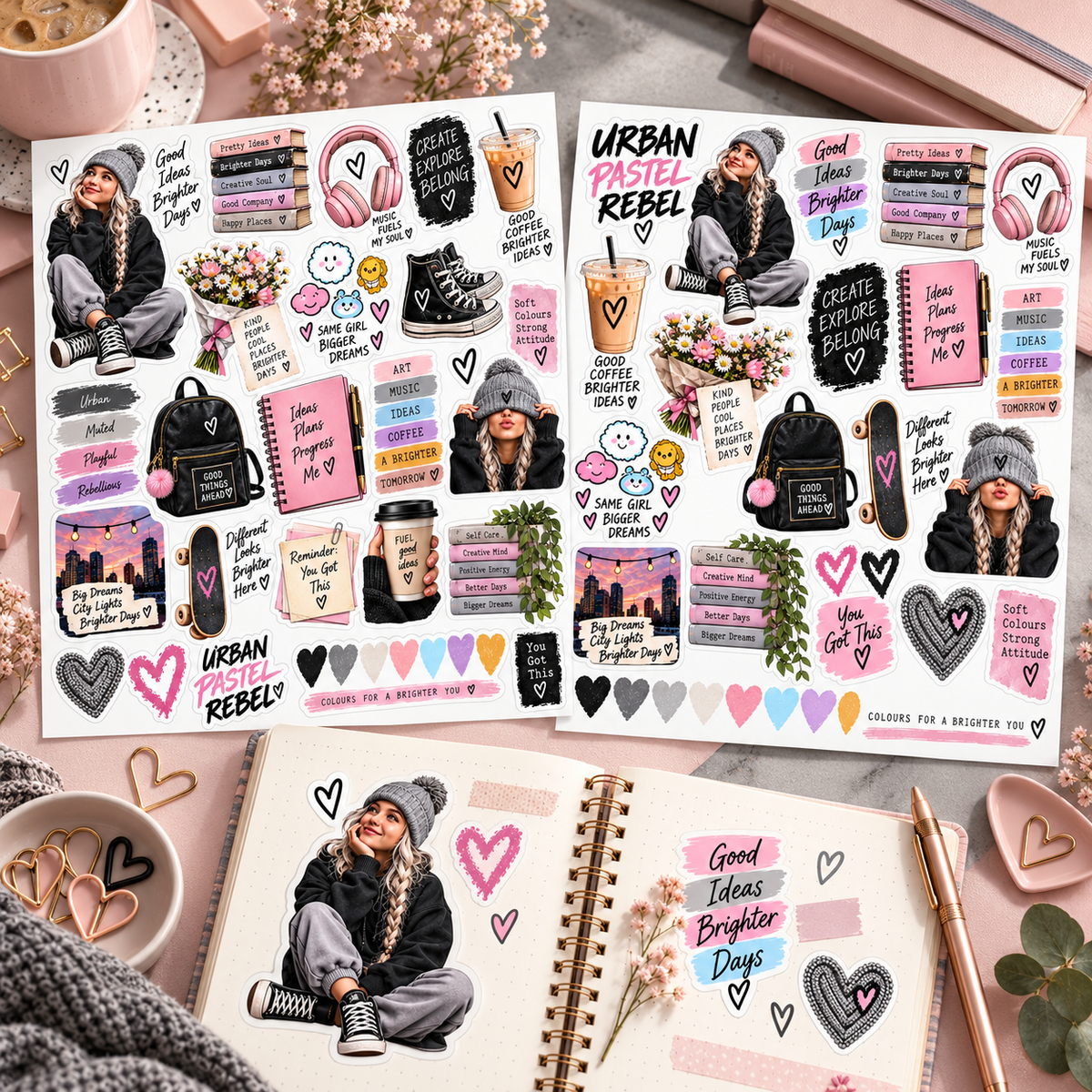Urban Pastel Rebel sticker sheets with a journal spread decorated using a beanie girl, pastel hearts and positive quote