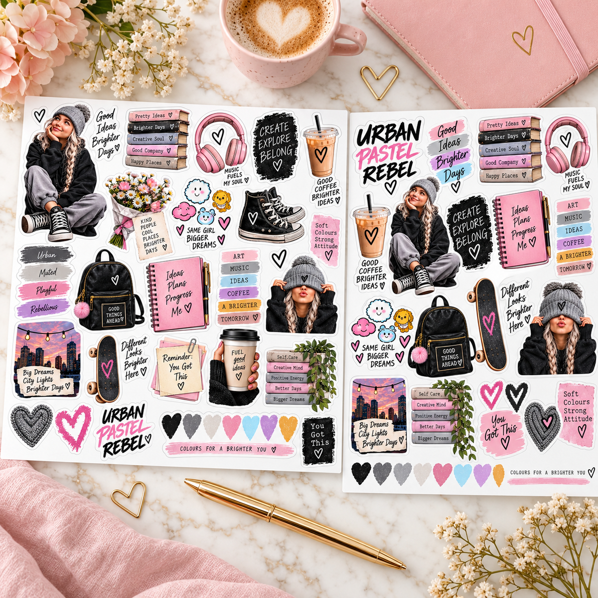 Urban Pastel Rebel two-sheet sticker set styled with a blush journal, gold pen and flowers on ivory marble