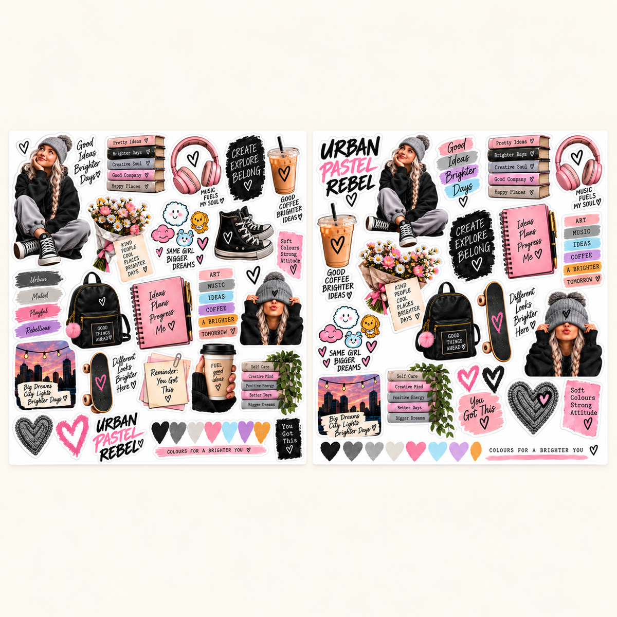 Both coordinated Urban Pastel Rebel sticker sheets shown together on ivory with girl portraits, quotes, books and pastel hearts
