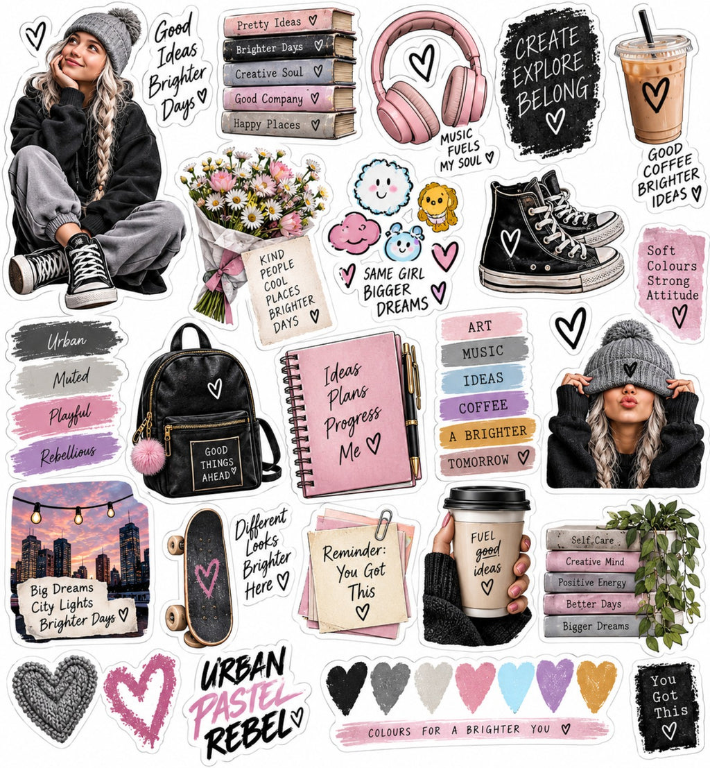 Urban Pastel Rebel first sticker sheet with beanie girls, pink headphones, books, coffee, trainers, skateboard and positive quotes
