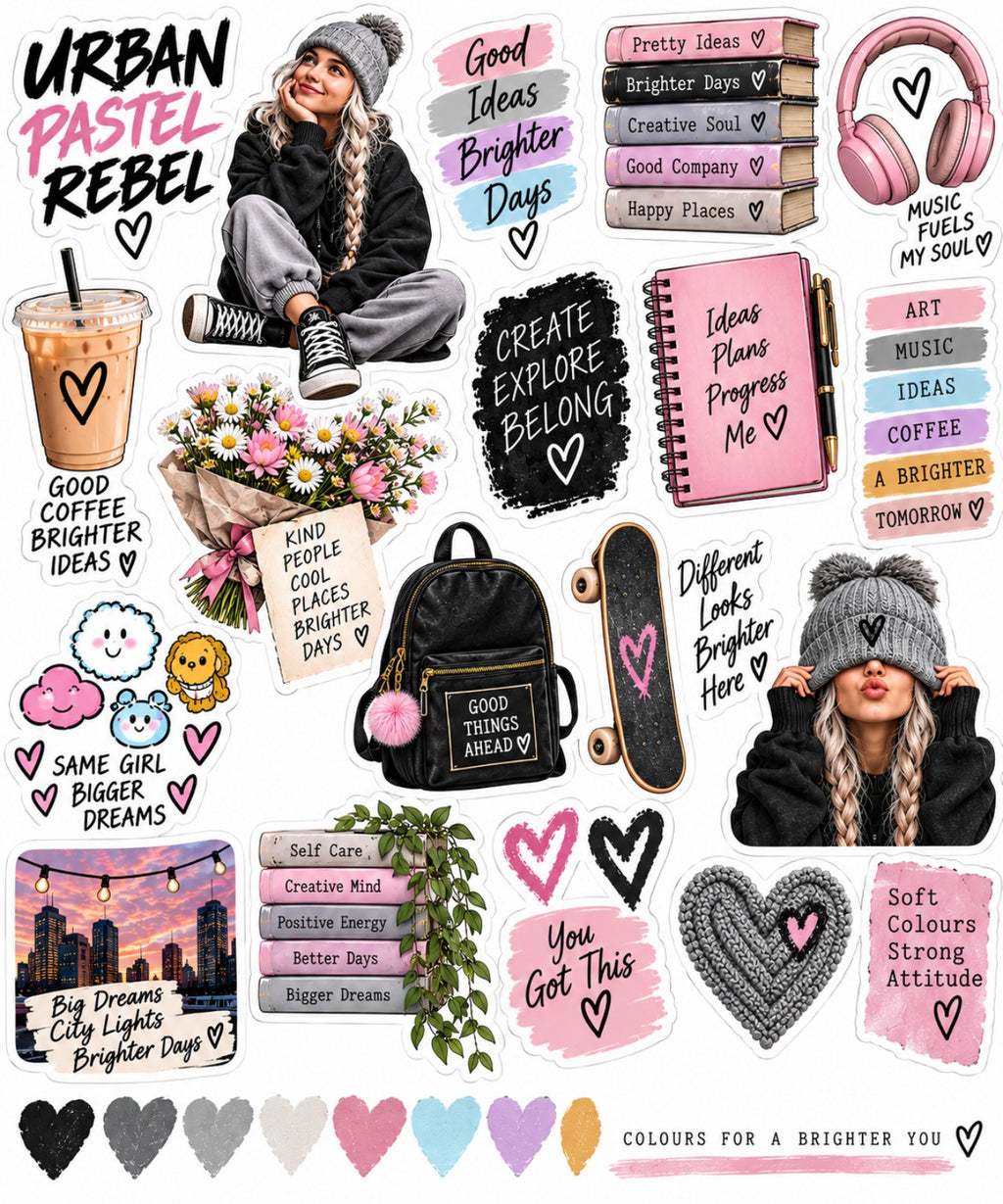 Urban Pastel Rebel second sticker sheet with pastel hearts, beanie girls, flowers, book stacks, backpack and city skyline