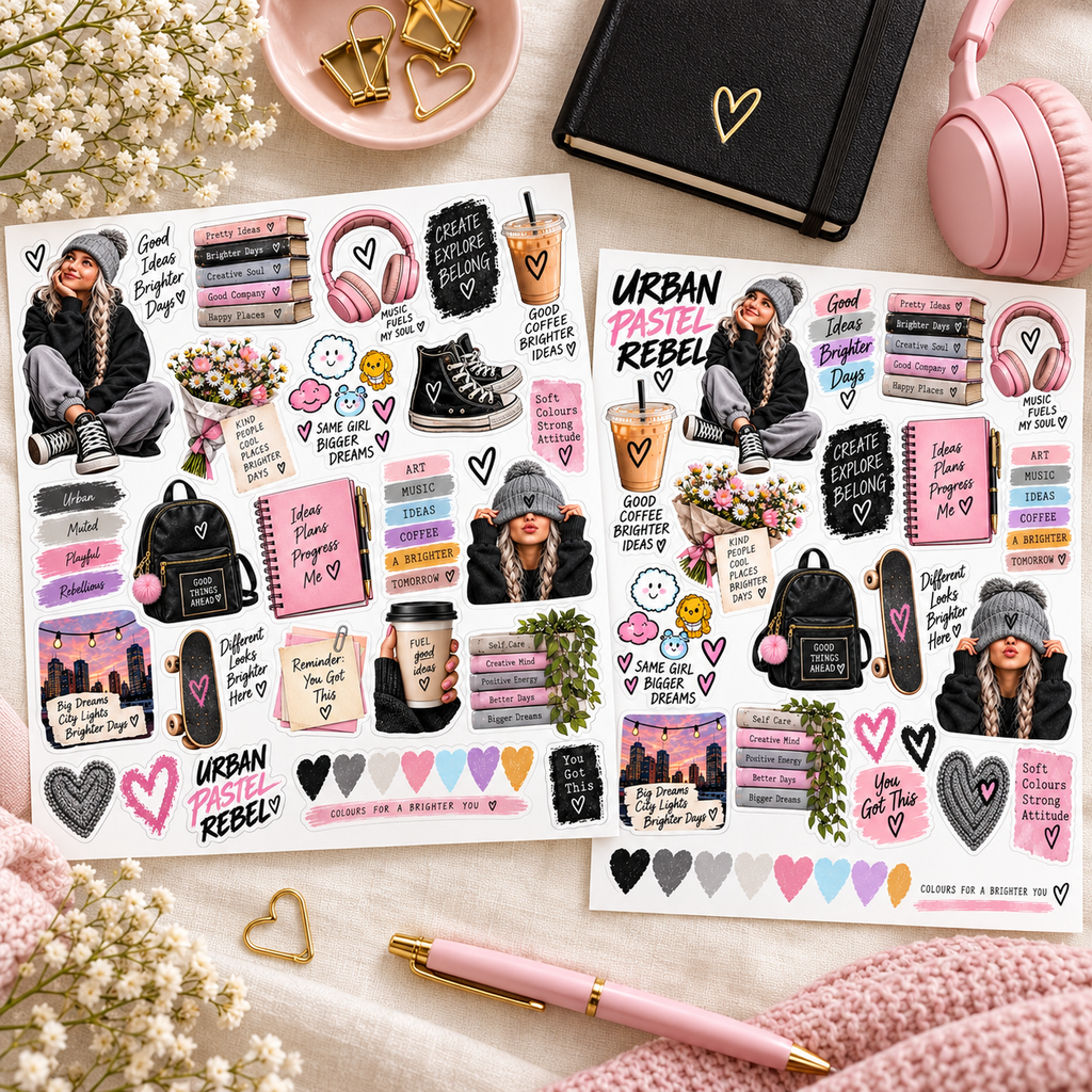 Urban Pastel Rebel two-sheet sticker set beside a black journal, pink headphones and blush pen on cream linen