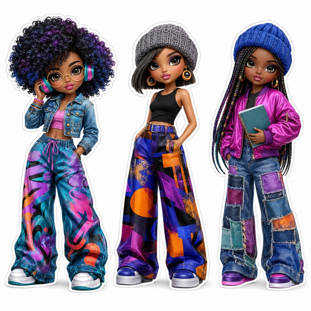 Urban Rhythm Black girl fashion doll sticker sheet with three colourful music and journal characters.