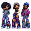 Urban Rhythm Black girl fashion doll sticker sheet with three colourful music and journal characters.