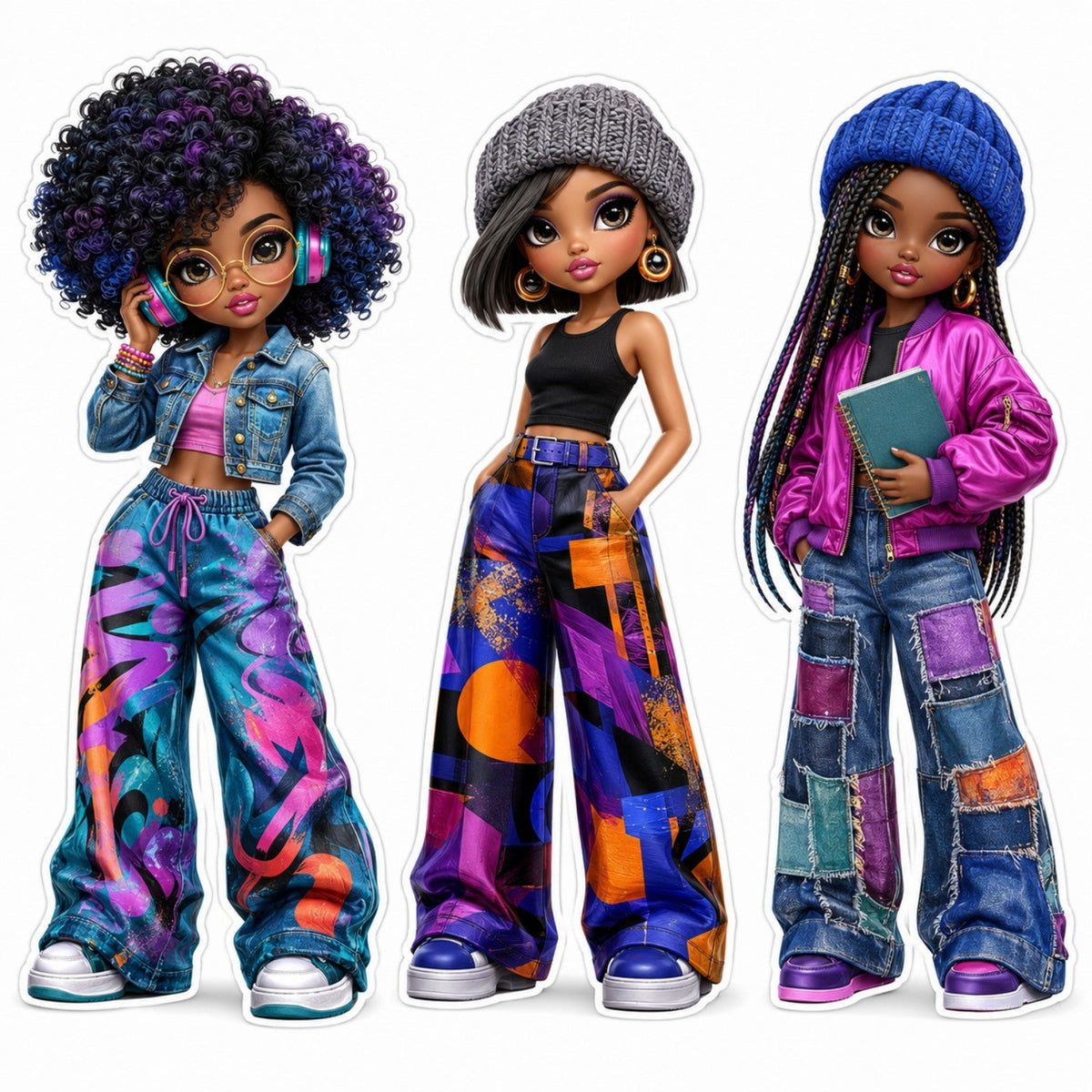 Urban Rhythm Black girl fashion doll sticker sheet with three colourful music and journal characters.