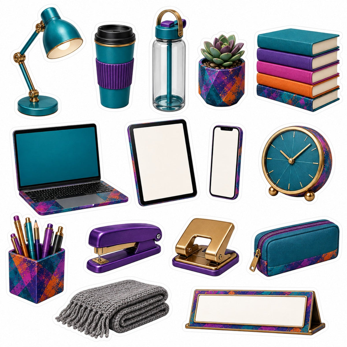 Urban Rhythm desk sticker sheet with lamp, drinkware, books, laptop, tablet, phone, clock and stationery.